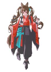  1girl absurdres alternate_costume angelina_(arknights) animal_ear_fluff animal_ears aqua_ribbon arknights arknights:_endfield black_boots black_pants boots brown_hair commentary_request double-parted_bangs fold-over_boots fox_ears fox_girl fox_tail full_body gilberta_(arknights) hair_ribbon hakama hakama_pants highres infection_monitor_(arknights) japanese_clothes kimono long_hair long_sleeves looking_at_viewer no_gloves orange_eyes pants pink_lips red_kimono ribbon shirt_tucked_in simple_background smile solo ssss22snake tail twintails w white_background wide_sleeves 