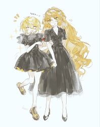  2girls ambiguous_red_liquid ankle_boots black_dress black_shoes blonde_hair boots champagne_flute commentary cup don_quixote_(project_moon) dress drinking_glass fang highres holding_hands ishmael_(project_moon) limbus_company long_hair meijiichigo multiple_girls open_mouth orange_hair project_moon shoes simple_background skin_fang smile untranslatable_commentary very_long_hair wavy_hair white_background yellow_boots yellow_eyes 