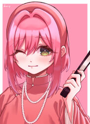  1girl ;) absurdres alternate_costume artist_name beret china_dress chinese_clothes chinese_new_year commentary dress english_commentary folded_fan folding_fan green_eyes hair_between_eyes hair_intakes hanazono_hakari hand_fan hat highres holding holding_fan jewelry jjum_pp kimi_no_koto_ga_dai_dai_dai_dai_daisuki_na_100-nin_no_kanojo light_blush looking_at_viewer necklace one_eye_closed pearl_necklace pink_background pink_hair red_dress red_hat short_hair simple_background smile solo upper_body 