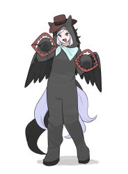  1girl alternate_costume animal_costume bandana bandana_around_neck bear_trap black_wings blue_bandana brown_hat commentary commission cowboy_hat dog_girl dog_tail english_commentary fang full_body grey_hair hat highres horse_costume looking_at_viewer mata_(matasoup) mitsugashira_enoko multicolored_hair multiple_tails open_mouth purple_hair red_eyes simple_background smile solo tail touhou two-tone_hair white_background wings 