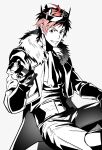  1boy absurdres ahoge ascot crossed_legs crown facial_hair feather_boa gloves goatee grin highres idol idolmaster idolmaster_side-m invisible_chair jacket looking_at_viewer male_focus partially_colored red_eyes redhead ryeon_(gs_oik) short_hair sitting smile tendo_teru 