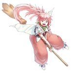  1girl arche_klein belt bracelet broom elbow_gloves full_body gloves jewelry long_hair looking_at_viewer neko_(hansinn) open_mouth pants pink_eyes pink_hair ponytail simple_background smile solo tales_of_(series) tales_of_phantasia white_background wide_ponytail 