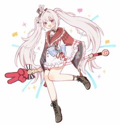  1girl :d black_boots black_choker black_hat boots braid choker commentary_request hair_intakes hat highres holding holding_staff honkai:_star_rail honkai_(series) japanese_clothes kimono leg_up long_hair long_sleeves looking_at_viewer mini_hat mini_top_hat open_mouth pink_eyes red_kimono sidelocks smile solo sparkle sparkle_(honkai:_star_rail) sparxie_(honkai:_star_rail) staff standing standing_on_one_leg top_hat tori26 twintails very_long_hair white_hair wide_sleeves 
