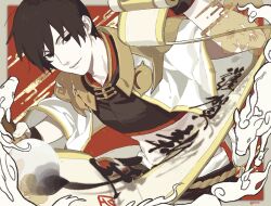  1boy black_eyes black_hair calligraphy_brush chinese_zodiac commentary crop_top egasumi english_commentary highres holding holding_calligraphy_brush holding_paintbrush looking_at_viewer male_focus mtk066621 naruto_(series) naruto_shippuuden paintbrush parchment parted_lips sai_(naruto) short_hair solo teeth translation_request twitter_username year_of_the_horse 