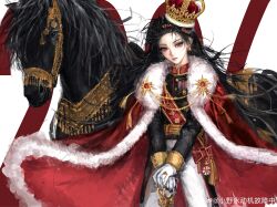  1girl absurdres black_hair black_horse chinese_commentary commentary_request fur-trimmed_robe fur_trim highres horse king military_uniform open_clothes open_robe original red_robe robe simple_background solo weibo_7231663297 