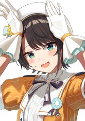  1girl absurdres beret black_bow black_bowtie blue_eyes bow bowtie brooch brown_hair center_frills commentary_request cropped_jacket flower flower_brooch frilled_gloves frilled_shirt frills gloves hands_up hashtag-only_commentary hat hat_ornament highres hololive idol jacket jewelry looking_at_viewer nayuyu1105 official_alternate_costume oozora_subaru oozora_subaru_(starlight) open_mouth orange_jacket pinstripe_jacket pinstripe_pattern portrait rabbit_pose shirt short-sleeved_jacket short_hair short_sleeves small_sweatdrop smile solo striped_bow striped_bowtie striped_clothes sunflower swept_bangs virtual_youtuber white_bow white_bowtie white_gloves white_hat white_shirt 