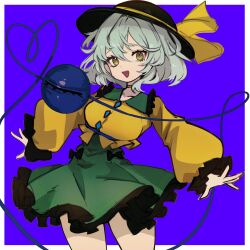  1girl anderson_m0311 black_hat border breasts buttons collared_shirt commentary_request diamond_button eyeball frilled_shirt_collar frilled_skirt frilled_sleeves frills green_eyes green_hair green_skirt hat hat_ribbon heart heart-shaped_pupils heart_of_string highres komeiji_koishi large_breasts long_sleeves looking_at_viewer open_mouth outstretched_arms ribbon shirt skirt smile solo spread_arms symbol-shaped_pupils third_eye touhou white_border yellow_ribbon yellow_shirt 