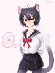  ... 1girl ahoge alternate_costume animal_ear_fluff animal_ears artist_name black_hair bow cat_ears cat_girl cat_tail cowboy_shot dungeon_meshi highres izutsumi kimchunsik love_letter red_bow red_scarf scarf school_uniform serafuku short_hair simple_background slit_pupils solo tail twitter_username white_background yellow_eyes 