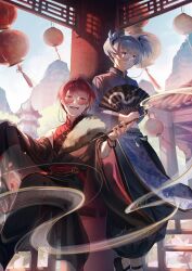  2boys 4nimenut :d akabane_karma ansatsu_kyoushitsu architecture artist_name bead_bracelet beads black_bow black_pants black_robe black_shirt blue-tinted_eyewear blue_eyes blue_hair blue_shirt bow bracelet china chinese_clothes chinese_knot clothes_down column commentary_request cropped_shirt crossed_legs day east_asian_architecture eyewear_strap fangs feet_out_of_frame flats floral_print flower fur_shawl glasses good_luck_knot grin hair_between_eyes hair_bow hand_fan highres holding holding_fan holding_robe holding_smoking_pipe jewelry koro-sensei lantern lattice light_particles long_sleeves looking_at_viewer male_focus mandarin_collar mountainous_horizon multiple_boys official_alternate_costume orange_eyes outdoors pagoda pankou pants parted_lips pelvic_curtain pillar pink_flower puffy_pants red-tinted_eyewear red_hair red_lining red_nails red_shirt robe round_eyewear shawl shiota_nagisa shirt short_hair short_twintails sidelighting sitting sky sleeveless sleeveless_shirt smile smoke smoking_pipe tassel teeth tile_roof tinted_eyewear twintails two-tone_shirt upper_teeth_only wide_sleeves 