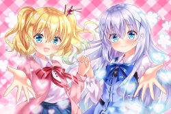  2girls :d absurdres alice_cartelet blonde_hair blue_bow blue_bowtie blue_eyes blue_hair blue_skirt blue_vest blush bow bowtie buttons cardigan checkered_background collared_shirt commentary_request cowboy_shot crossover frilled_sleeves frills gochuumon_wa_usagi_desu_ka? hair_between_eyes hair_ornament hair_stick heart highres holding_hands interlocked_fingers kafuu_chino kin-iro_mosaic long_hair long_sleeves looking_at_viewer medium_hair multiple_girls open_cardigan open_clothes open_hand pink_background pink_cardigan pleated_skirt rabbit_house_uniform reaching reaching_towards_viewer red_bow red_bowtie shiny_eyes shirt skirt smile sparkle striped_bow striped_bowtie striped_clothes tareme twintails vest white_shirt yu-ka0919 