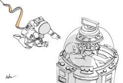  1girl 1other absurdres astronaut barefoot commentary floating greyscale highres kaduise monochrome original oversized_clothes oversized_shirt shirt signature spacecraft spacesuit sparkle spot_color white_background 