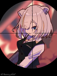  1girl amane_(amanee_illust) animal_ear_piercing animal_ears asymmetrical_bangs black_vest blonde_streaks blue_streaks bolo_tie breasts buttons collared_shirt commentary crosshair dress_shirt empty_eyes grey_eyes grey_hair gun hair_over_one_eye highres holding holding_gun holding_weapon hololive lion_ears long_sleeves looking_at_viewer medium_breasts multicolored_hair official_alternate_costume official_alternate_hair_length official_alternate_hairstyle open_mouth pink_streaks red_bolo_tie shirt shishiro_botan shishiro_botan_(button-down) short_hair solo streaked_hair thick_outlines twitter_username upper_body vest virtual_youtuber waistcoat weapon white_shirt 