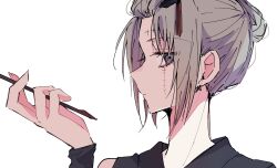  1girl bangs_pinned_back black_kimono blonde_hair commentary_request folded_ponytail gintama highres holding holding_smoking_pipe japanese_clothes kimono kiseru natsuneco_02 scar scar_on_cheek scar_on_face sleeveless sleeveless_kimono smoking_pipe solo tsukuyo_(gintama) upper_body 