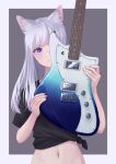  1girl animal_ear_fluff animal_ears black_shirt cat_ears electric_guitar guitar highres holding holding_instrument instrument long_hair looking_at_viewer navel original shirt simple_background straight_hair t-shirt unvrsms violet_eyes 