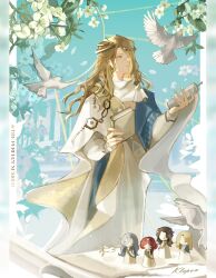  1boy 210_(reverse:1999) 37_(reverse:1999) 6_(reverse:1999) ancient_greek_clothes aqua_background bird blonde_hair blue_background blue_eyes character_doll doll english_text flower greco-roman_clothes highres himation holding holding_notebook holding_scroll klepon long_hair male_focus notebook profile reverse:1999 scroll solo sophia_(reverse:1999) upper_body white_bird white_flower 