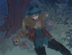  1boy animalization bakugou_katsuki belt bodysuit boku_no_hero_academia cape cat dmdtmt99 freckles gloves grass green_bodysuit green_hair highres holding_bread male_focus midoriya_izuku on_ground on_tree red_belt short_hair sitting superhero_costume todoroki_shoto utility_belt yellow_cape 