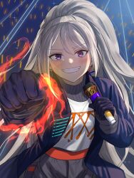  1girl blush commentary_request concert gloves glowstick grin highres higuchi_kaede higuchi_kaede_(lantis) holding holding_microphone idol ike_(pixiv87705047) incoming_fist_bump jacket looking_at_viewer microphone nijisanji official_alternate_costume penlight_(glowstick) smile solo sweat upper_body violet_eyes white_hair 