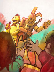  1girl 3boys animal_ears animal_nose animatronic bear_ears black_bow black_bowtie bow bowtie commentary_request electric_guitar five_nights_at_freddy's fredbear_(fnaf) guitar hat highres holding holding_guitar holding_instrument holding_microphone holding_stuffed_toy instrument kawarayane leaning_forward microphone multiple_boys rabbit_ears snout spring_bonnie_(fnaf) standing stuffed_toy top_hat waving 