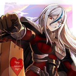  1girl absurdres armor armyx879 artist_name bag black_bodysuit black_cape blue_hair blue_streaks bodysuit border breasts cape chocolate commentary english_commentary facial_mark gift_bag gorget grin happy_valentine heart heart_print heterochromia highres holding holding_bag long_hair looking_at_viewer medium_breasts multicolored_bodysuit multicolored_hair outside_border paper_bag red_bodysuit red_eyes shopping_bag shoulder_armor sky smile solo streaked_hair the_hundred_line_-last_defense_academy- twitter_username upper_body v'ehxness valentine violet_eyes white_border white_hair 