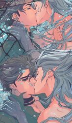  2boys absurdres air_bubble bandaged_neck bandages black_bandages black_hair bubble closed_eyes closed_mouth colored_extremities commentary ear_piercing earrings english_commentary fishing_net genshin_impact hand_on_another's_neck highres jewelry long_hair male_focus mouth-to-mouth_resuscitation multiple_boys naya_(onaxart) neuvillette_(genshin_impact) piercing shirt short_hair twitter_username wriothesley_(genshin_impact) 