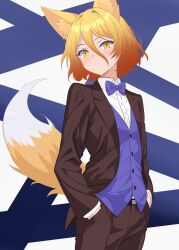  1girl absurdres animal_ear_fluff animal_ears belt black_belt blazer blonde_hair blue_background blue_bow blue_bowtie blue_vest bow bowtie brown_hair brown_jacket brown_pants closed_mouth commentary_request cowboy_shot crossdressing crossdressing_(ftm) fox_ears fox_girl fox_tail frown gradient_hair hair_between_eyes hands_in_pockets highres jacket kudamaki_tsukasa light_blush long_sleeves loose_hair_strand multicolored_hair nara_(gsx250r_anzio) pants shirt short_hair solo split_mouth suit tail touhou two-tone_background vest white_background white_shirt yellow_eyes 