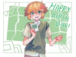  1boy :d antenna_hair bare_arms basil_(faraway)_(omori) basil_(omori) blonde_hair blush border brown_pants buttons collared_shirt commentary_request cowboy_shot double-parted_bangs english_text eyebrows_hidden_by_hair green_background green_eyes green_sweater_vest hair_between_eyes hands_up happy_birthday highres holding leaf male_focus omori outside_border pants photo_(object) shirt short_hair short_sleeves sidelocks simple_background smile solo standing straight-on sweater_vest tareme teeth tokkooyaku tongue upper_teeth_only white_border white_shirt 