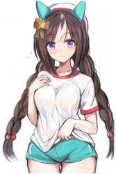  1girl animal_ears aqua_buruma ass_visible_through_thighs beret blunt_bangs braid breasts brown_hair buruma closed_eyes commentary_request cowboy_shot dot_nose ear_covers expressionless gym_shirt gym_uniform hair_ornament hand_on_own_chest hat hokko_tarumae_(umamusume) horse_ears horse_girl looking_at_viewer medium_breasts multicolored_hair nannacy7 shirt short_sleeves simple_background solo split_mouth standing streaked_hair thighs twin_braids twintails two-tone_hair umamusume violet_eyes white_background white_hair white_shirt 