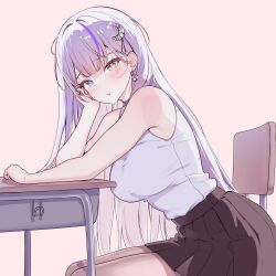  1girl absurdres bare_arms bare_shoulders black_choker black_skirt blue_eyes blunt_bangs blush breasts brown_pantyhose brown_skirt chair choker commentary desk earrings from_side grey_hair hair_ornament hairclip hand_on_own_cheek hand_on_own_face head_rest heart heart_earrings heterochromia highres indie_virtual_youtuber jewelry korean_commentary large_breasts leaning_forward long_hair looking_at_viewer miniskirt multicolored_eyes multicolored_hair nanamoon777 on_chair pantyhose parted_lips pink_background pleated_skirt purple_hair rapid17 school_chair school_desk shirt shirt_tucked_in simple_background sitting skirt sleeveless sleeveless_shirt solo streaked_hair very_long_hair virtual_youtuber white_shirt yellow_eyes 