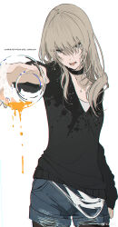  1girl absurdres black_choker black_pantyhose black_sweater chinese_commentary choker collarbone commentary_request copyright_name cowboy_shot crying crying_with_eyes_open cup denim denim_shorts english_text girls_band_cry grey_eyes grey_hair highres holding holding_cup kawaragi_momoka long_hair long_sleeves open_mouth pantyhose pouring shorts simple_background solo sweater tears watermark weibo_username weibo_watermark wet_sweater white_background z3zz4 