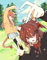  1girl ? ahoge animal_ears black_cardigan blue_eyes blue_sailor_collar blue_skirt bow bowtie brown_hair cardigan cat_ears cat_tail evil_neuro-sama green_bow green_bowtie hair_ornament hair_ribbon hashtag-only_commentary heart heart_arms heart_hair_ornament heart_hands highres long_hair neuro-sama nostyx_x outdoors pleated_skirt red_eyes red_ribbon ribbon sailor_collar skirt solo tail two_side_up v vedal_ai yellow_cardigan 