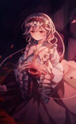  1girl absurdres blue_shirt buttons closed_mouth collared_shirt commentary dated_commentary eyeball frilled_shirt_collar frilled_sleeves frills hair_ornament hairband heart heart_button heart_hair_ornament highres komeiji_satori light_smile pink_eyes pink_hair pink_skirt red_hairband shirt skirt smile solo third_eye touhou utsuro_(kz_hokuto) 