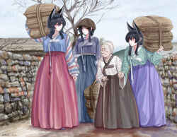  4girls absurdres animal_ear_fluff animal_ears bare_tree black_hair blue_shirt blue_skirt breasts brown_hat carrying_over_shoulder closed_eyes closed_mouth fox_ears fox_girl green_shirt green_skirt hat high_heels highres holding korean_clothes large_breasts long_hair long_skirt looking_at_another low_ponytail m4skedboi multiple_girls newsboy_cap old old_woman parted_bangs parted_lips pink_hair pink_shirt ponytail red_eyes scp-953 scp_foundation shirt sidelocks skirt smile stone_wall thatched_roof tree variant_set walking white_hair 