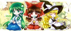  3girls apron black_dress black_hat blonde_hair blue_skirt bow braid brown_hair brown_shoes character_name chibi closed_eyes commentary_request cup dress flower frilled_skirt frills frog_hair_ornament green_eyes green_hair hair_bow hair_ornament hair_tubes hakurei_reimu hat hat_bow holding holding_cup kirisame_marisa kochiya_sanae long_hair looking_at_viewer multiple_girls red_bow red_eyes red_skirt sawaki seiza shirt shoes side_braid sidelocks single_braid sitting skirt sleeping snake_hair_ornament tea touhou white_apron white_bow white_shirt witch_hat 