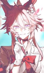  1girl animal_ears bow bowtie choker collared_shirt commentary_request evanescia_(honkai:_star_rail) falling_petals flower gloves hair_between_eyes hair_flower hair_ornament hand_up highres holding holding_pen honkai:_star_rail honkai_(series) looking_at_viewer parted_lips pen petals pink_hair rabbit_ears red_bow red_bowtie shirt short_hair_with_long_locks simple_background smile solo upper_body violet_eyes white_gloves white_shirt wing_collar yayucororo 