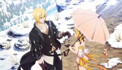  1boy 1girl artist_request belt black_belt black_choker black_coat blonde_hair blue_eyes brother_and_sister brown_gloves choker cliff closed_mouth coat coin cowboy_shot day dirt dress edna_(tales) eizen_(tales) game_cg giving gloves gold_coin green_ribbon hair_between_eyes hair_ribbon highres holding holding_umbrella leg_ribbon looking_at_another medium_hair normin_(tales) official_art orange_shirt outdoors phoenix_(tales) ribbon river rock shirt short_hair siblings side_ponytail single_glove smile tales_of_(series) tales_of_berseria tales_of_crestoria tales_of_zestiria third-party_source tree umbrella white_dress 