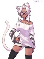  1girl animal_ear_fluff animal_ears black_thighhighs breasts cat_ears cat_girl cat_tail commission cowboy_shot dark-skinned_female dark_skin english_commentary hair_intakes hand_on_own_hip highres kimchunsik original short_hair simple_background small_breasts solo striped_sleeves tail thigh-highs twitter_username violet_eyes white_background white_hair wide_hips 