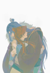  1boy 1girl brown_hair chinese_clothes closed_eyes closed_mouth commentary_request hanfu hetero highres hug jyan512 long_hair marius_von_hagen_(tears_of_themis) purple_hair rosa_(tears_of_themis) simple_background tears_of_themis very_long_hair white_background 