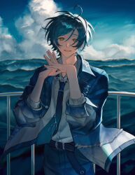  1boy :d aqua_hair belt belt_buckle blue_belt blue_jacket blue_necktie blue_pants blue_sky blush buckle chromatic_aberration clouds collared_shirt commentary_request cowboy_shot day denim denim_jacket ear_piercing earrings ensemble_stars! gradient_clothes gradient_jacket green_eyes hair_between_eyes hands_up highres jacket jeans jewelry kurokkan lapels long_sleeves looking_at_viewer male_focus necklace necktie ocean official_alternate_costume open_clothes open_jacket open_mouth outdoors pants parted_bangs piercing railing shinkai_kanata shirt shirt_tucked_in short_hair simple_bird sky smile solo standing steepled_fingers teeth upper_teeth_only water white_shirt 