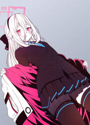  1girl black_bow black_jacket black_skirt black_thighhighs blue_archive blue_necktie blush bow closed_mouth collared_shirt commentary_request dutch_angle from_below furrowed_brow hair_between_eyes hair_bow halo highres jacket kei_(blue_archive) kei_(new_body)_(blue_archive) kouji_(campus_life) long_hair long_sleeves looking_at_viewer necktie pink_eyes shirt sidelocks skirt solo standing thigh-highs undressing upper_body very_long_hair white_hair white_jacket white_shirt 