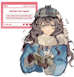  1girl blue_coat blue_eyes blue_neckerchief brown_gloves brown_hair coat cropped_torso english_text gloves grey_hat hat highres holding holding_notebook klepon long_hair looking_at_viewer marcus_(reverse:1999) neckerchief newsboy_cap notebook notice_lines reverse:1999 scarf solo upper_body white_background white_scarf 