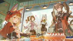  4girls :q angelina_(arknights) animal_ears ardelia_(arknights) arknights arknights:_endfield black_gloves blonde_hair breasts brown_hair cake capelet closed_mouth detached_sleeves ears_through_headwear estella_(arknights) eyjafjalla_(arknights) fingerless_gloves food fox_ears fox_girl gilberta_(arknights) gloves heart highres hood hood_up hooded_capelet infection_monitor_(arknights) long_hair macaron medium_breasts multiple_girls nuudoru official_art open_mouth pink_shirt red_capelet red_eyes rossi_(arknights) sheep_ears sheep_girl shirt small_breasts tongue tongue_out twintails wolf_ears wolf_girl 