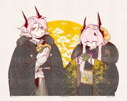  1boy 1girl arknights ascalon_(arknights) black_coat black_haori black_kimono closed_eyes closed_mouth coat food foodification hands_up haori hashtag-only_commentary highres holding holding_food horns japanese_clothes kimono ling_s long_hair manfred_(arknights) mochi pink_hair pointy_ears sakura_mochi smile theresa_(arknights) theresis_(arknights) very_long_hair wagashi 