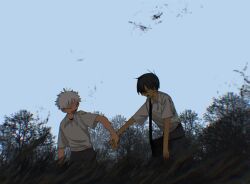  2boys asakura_(asakuraren01) bag black_pants commentary_request grabbing_another's_hand grass highres hikaru_ga_shinda_natsu indou_hikaru looking_at_another male_focus mole mole_under_eye multiple_boys pants school_bag shirt_tucked_in short_hair shoulder_bag sweatdrop tsujinaka_yoshiki walking white_hair 
