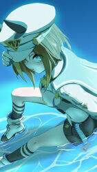  1girl animal_ears ascot black_shorts black_socks blue_cape blue_eyes boots breasts brown_hair cape cheval_grand_(grand_itineraire)_(umamusume) cheval_grand_(umamusume) commentary_request ear_covers ears_through_headwear gloves hair_between_eyes hat hat_belt highres horse_ears horse_girl jacket large_breasts looking_at_viewer moriaka multicolored_hair peaked_cap shorts single_glove sitting socks solo streaked_hair umamusume water white_boots white_hair white_hat white_jacket yellow_ascot 