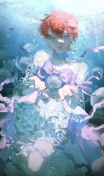  1girl absurdres air_bubble bloomers blue_eyes bow bubble collar collarbone crop_top detached_collar flower frilled_collar frilled_thighhighs frills hair_flower hair_ornament highres idolmaster idolmaster_million_live! jellyfish jewelry julia_(idolmaster) layered_skirt long_sleeves looking_at_viewer midriff_peek necklace open_mouth pink_flower purple_bow purple_collar red_hair see-through_clothes see-through_sleeves shirt shirt_bow short_hair silver_tiara skirt smile solo teeth thigh-highs tiara underwater upper_teeth_only white_bloomers white_shirt white_skirt white_thighhighs wide_sleeves yatatashira 