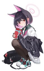  1girl absurdres animal_ears aqua_shoes bag bandage_on_finger black_choker black_hair black_jacket black_pantyhose blue_archive cat_ears cat_girl choker colored_inner_animal_ears colored_inner_hair commentary duffel_bag from_side gift green_sailor_collar hair_ornament hairpin halo highres holding holding_gift hood hooded_jacket jacket jacket_partially_removed kazusa_(blue_archive) looking_to_the_side multicolored_hair nammmmer neckerchief pantyhose pink_hair pink_halo pink_neckerchief pleated_skirt red_eyes sailor_collar school_uniform serafuku shoes short_hair simple_background skirt solo squatting two-tone_hair valentine white_background white_serafuku white_skirt 