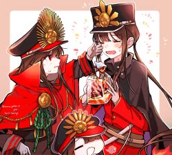  1boy 1girl belt belt_buckle black_belt black_cape black_hair black_jacket blunt_bangs brother_and_sister buckle buttons cape chain closed_eyes collared_cape crest crying family_crest fate/grand_order fate_(series) fiery_hair gloves gold_buttons gold_chain hat highres jacket long_hair long_sidelocks long_sleeves low_ponytail medallion military_hat mini_nobu_(fate) oda_nobukatsu_(fate) oda_nobunaga_(fate) oda_uri open_mouth peaked_cap ponytail popped_collar red_cape red_eyes red_jacket shako_cap siblings sidelocks skull-shaped_food sweat tears valentine very_long_hair white_gloves yui_(tamagohan) 