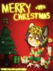 1girl :3 animal_ear_fluff animal_ears artist_name barefoot black_hair cat_ears cat_girl cat_tail christmas christmas_ornaments christmas_sweater christmas_tree commentary deformed dungeon_meshi english_commentary gold_ribbon heart highres izutsumi kimchunsik merry_christmas red_scarf scarf short_hair simple_background smile solo tail white_background yellow_eyes 