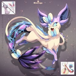  antennae blue_eyes bow bright_pupils character_name commentary english_commentary espeon fangs fins forehead_jewel full_body fusion glowing glowing_markings highres leoiruga milotic no_humans official_art_inset open_mouth pokemon pokemon_(creature) pokemon_focus shadow smile solo sylveon tail twitter_username white_pupils 