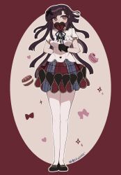  1girl alternate_costume artist_name bare_legs black_gloves black_hair blush bow breasts danganronpa_(series) danganronpa_2:_goodbye_despair food full_body gloves grey_background grey_skirt heart highres holding holding_heart large_breasts long_hair mi_shengwu_3.2_hao mole mole_under_eye multicolored_skirt red_background red_skirt shirt shoes short_sleeves skirt solo standing tsumiki_mikan white_shirt 